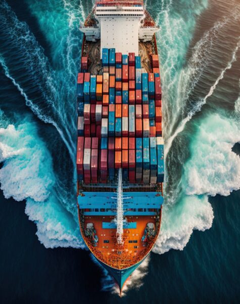 Aerial View Of Container Cargo Ship In Sea.